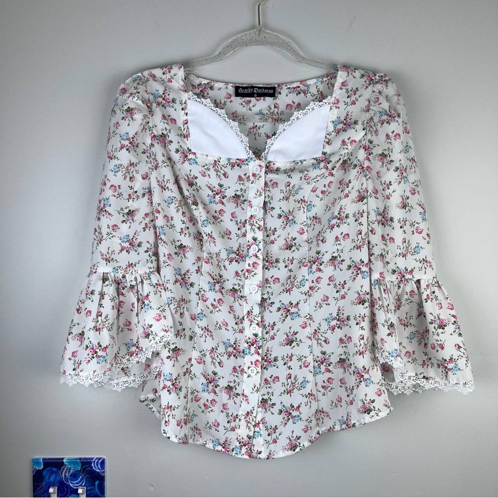 Scarlet Darkness Pink Floral Victorian Cottagecore Blouse Top Small Ren Faire